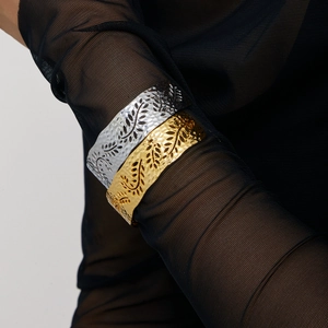 18K gold and silver plated adjustable hammered leaf cuff bracelets for women