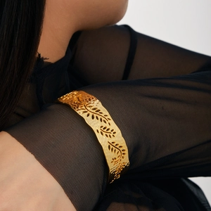 18K gold plated hollow leaf bangle with hammered texture finish for elegant women