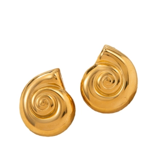 18K gold plated shell stud earrings with polished spiral texture and vintage beach style