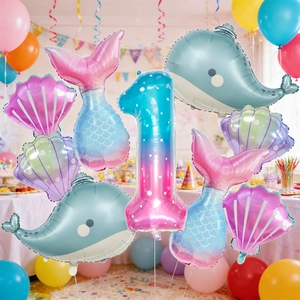 Détails du kit de ballons sirène en aluminium avec baleines, coquillages et chiffre un