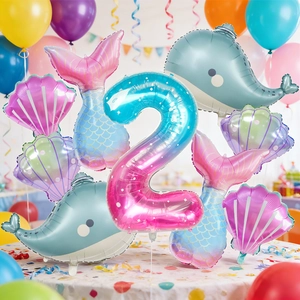Kit fête sirène avec ballon dégradé chiffre 2 et décorations en aluminium baleine et coquillage