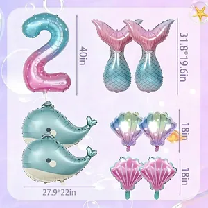 Kit ballons sirène avec chiffre 2, baleine, coquillage et queue de poisson en aluminium