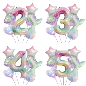 Mermaid Theme Birthday Party Balloon Set Rainbow Gradient 40 Inch Number Foil Balloons For Kids Celebration Items