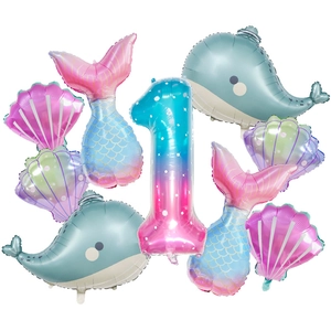 Ensemble détaillé de ballons sirène en aluminium avec chiffre 1 dégradé et animaux marins