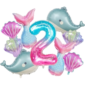Kit de ballons sirène océan avec chiffre 2, baleines, queues de poisson et coquillages