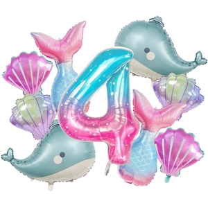 Kit 9 ballons sirène océan avec chiffre 4 baleine et coquillage pour 4ème anniversaire