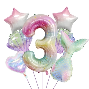Rainbow number 3 mermaid balloon set with stars, shells and heart for birthday party