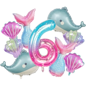 Décoration de fête sirène avec ballon chiffre 6 et formes d'animaux marins dégradés