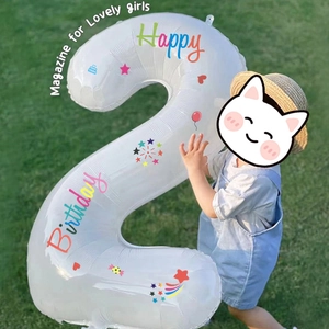 Detailed view of white 40 inch number 2 balloon with Happy Birthday print for parties