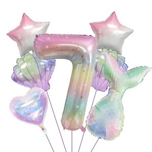 Detail of 40-inch rainbow number 7 mermaid balloon set for birthday party decorations