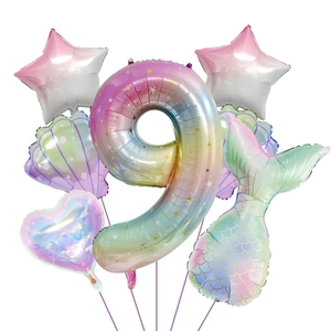 Detailed 7-piece mermaid balloon set with number 9 and colorful seashell foil balloons