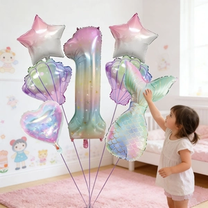 Rainbow 1st birthday mermaid balloon set with large number 1 and shell shapes
