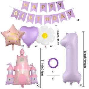 Lavender Princess Castle Birthday Set with Number 1 Balloon and Purple Banners