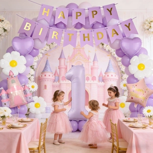 Purple princess castle birthday balloon set with 40-inch number one and party banners