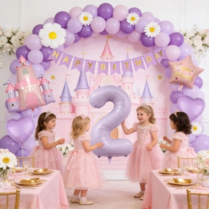 Princess castle birthday party set with cream purple balloons and happy birthday banner
