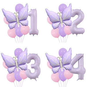 Butterfly Number Balloons Aluminum Foil Latex Macaron Purple Pink For Children Birthday Party Anniversary Celebration