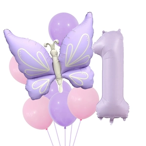 Detail of 40-inch cream purple number 1 balloon with butterfly and macaron latex balloons