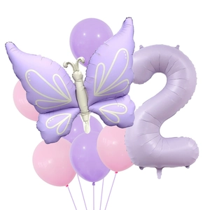 Detail of purple butterfly and number 2 foil balloons for kids 2nd birthday party decor
