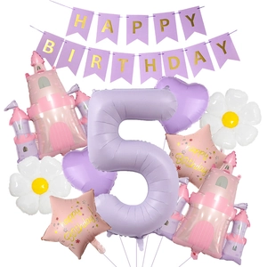 Princess castle themed 5th birthday purple balloon set with heart and star shapes