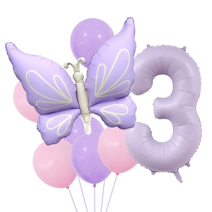 Pastel purple butterfly and number 3 foil balloon set with pink latex party balloons