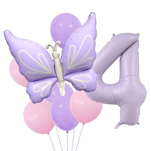 Matte purple butterfly and number 4 foil balloon set for children party decoration