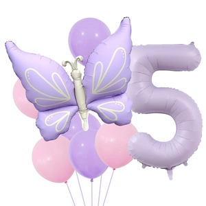 Matte purple butterfly and number 5 foil balloon set with pink latex balloons for parties