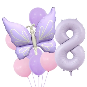 Detail of matte purple butterfly and number 8 balloon set for kids birthday party decoration