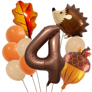 Detail of autumn harvest balloon set with hedgehog foil and brown number 4 balloon