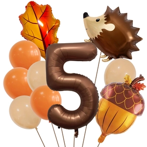 Fall harvest balloon set with hedgehog, maple leaf, acorn and number 5 for 5th birthday