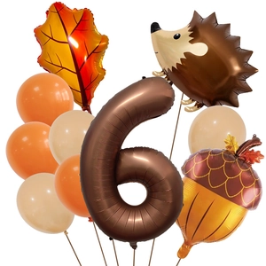 Detail of fall harvest balloon set with hedgehog, maple leaf, acorn and brown number 6
