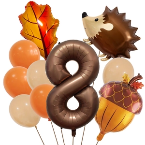 Autumn-themed balloon kit with hedgehog, maple leaf, acorn and brown number 8 balloon