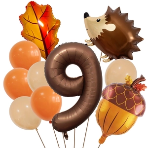 Detail of autumn harvest set with hedgehog, maple leaf balloons and giant number 9