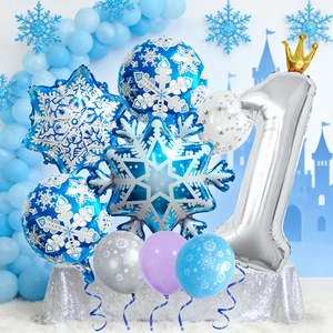 Winter snowflake party balloon set with silver number one for first birthday celebrations