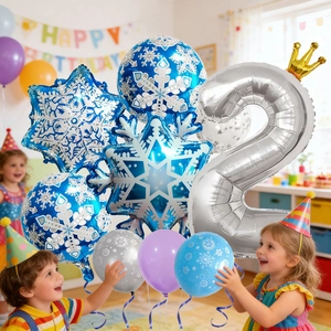 Blue snowflake foil balloons set with silver number 2 for kids birthday party decor