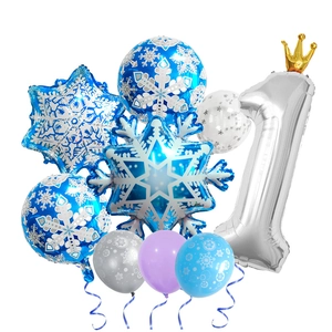 Detail view of 1st birthday frozen theme balloons with snowflake foil and silver number one