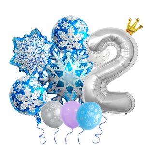 Detail of blue snowflake balloons and silver number 2 balloon for 2nd birthday party decor