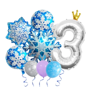 Detail of silver number 3 balloon with blue snowflake foil balloons for birthday party
