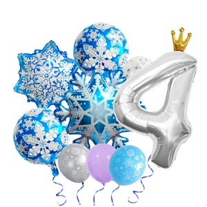 Detailed snowflake balloon set with a silver number 4 balloon and blue crown foil accents