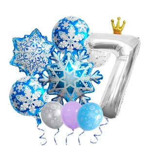 Detail of Frozen themed balloon set with silver number 7 and blue snowflake foil balloons