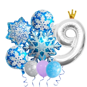 Detail of winter snowflake balloon set featuring silver number 9 and blue foil snowflakes
