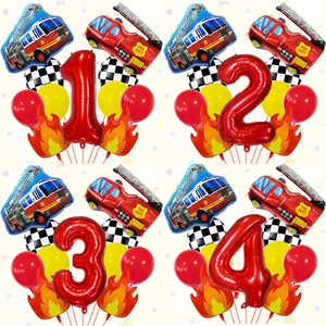 Palloncino Compleanno Camion Pompieri Decorazione Festa Tema Vigili del Fuoco Numero Rosso Fiamma Scacchiera Lattice Palloncino Bimbi