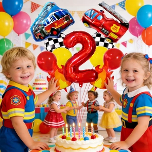 Set palloncini 2° compleanno vigili del fuoco con numero 2 rosso e camion dei pompieri