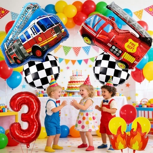 Set palloncini compleanno camion dei pompieri con numero 3 rosso per festa a tema soccorso