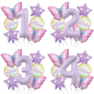 Détail du set de ballons papillon violet mat et chiffres pour décoration de fête