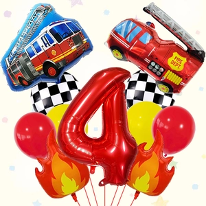 Dettaglio set palloncini pompiere 4 compleanno con foglia fiamma e numero 4 rosso