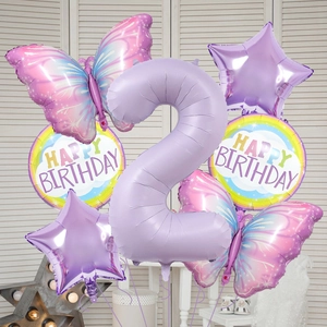 Kit de ballons d'anniversaire violets avec chiffre 2, papillons, étoiles et imprimés