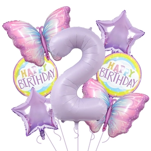 Kit 7 ballons anniversaire violet mat avec chiffre 2 et papillons dégradés pastels
