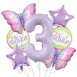 Kit 7 ballons papillon violet avec grand chiffre 3 pour décoration de 3ème anniversaire