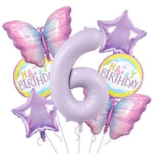 Kit de ballons papillon violets avec grand chiffre six et ballons ronds Happy Birthday