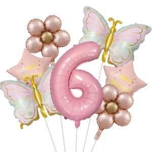 Set palloncini farfalla e margherita con grande numero 6 rosa per decoro compleanno